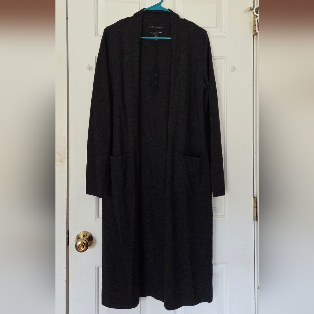 Tahari NWT Long Open-Front Cashmere Cardigan in Charcoal